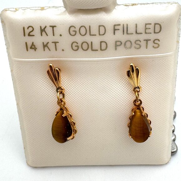 Vintage 14K Gold Post 12K Gold Filled Tigers Eye Drop Earrings Gift - Picture 2 of 6